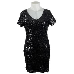 Maner Women's Black Sequin V Neck Short Sleeve Mini Sheath Bodycon Dress Sz XL